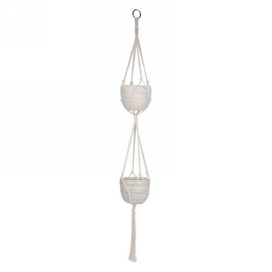 Macrame Hanging Double Planter in White