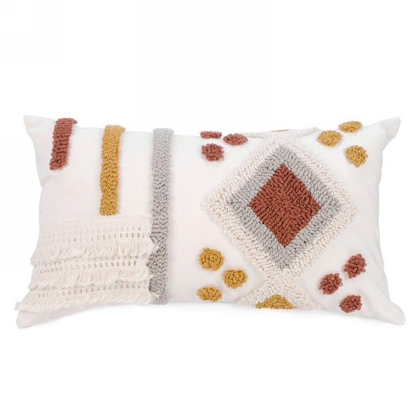 Boho Design Cushion with Tufted Accents in Ochre & Cream