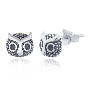 Owl Face Stud Earrings, Sterling Silver