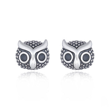Owl Face Stud Earrings, Sterling Silver