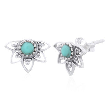 Load image into Gallery viewer, Bloom with Calm, Lotus Turquoise Stud Earrings in Sterling Silver

