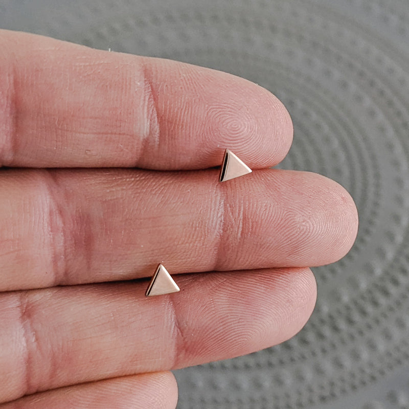 Load image into Gallery viewer, Tiny Triangle Stud Earrings, Rose Gold Plated Sterling Silver
