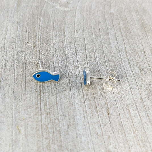 Blue Fish Stud Earrings in Sterling Silver