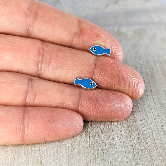 Blue Fish Stud Earrings in Sterling Silver