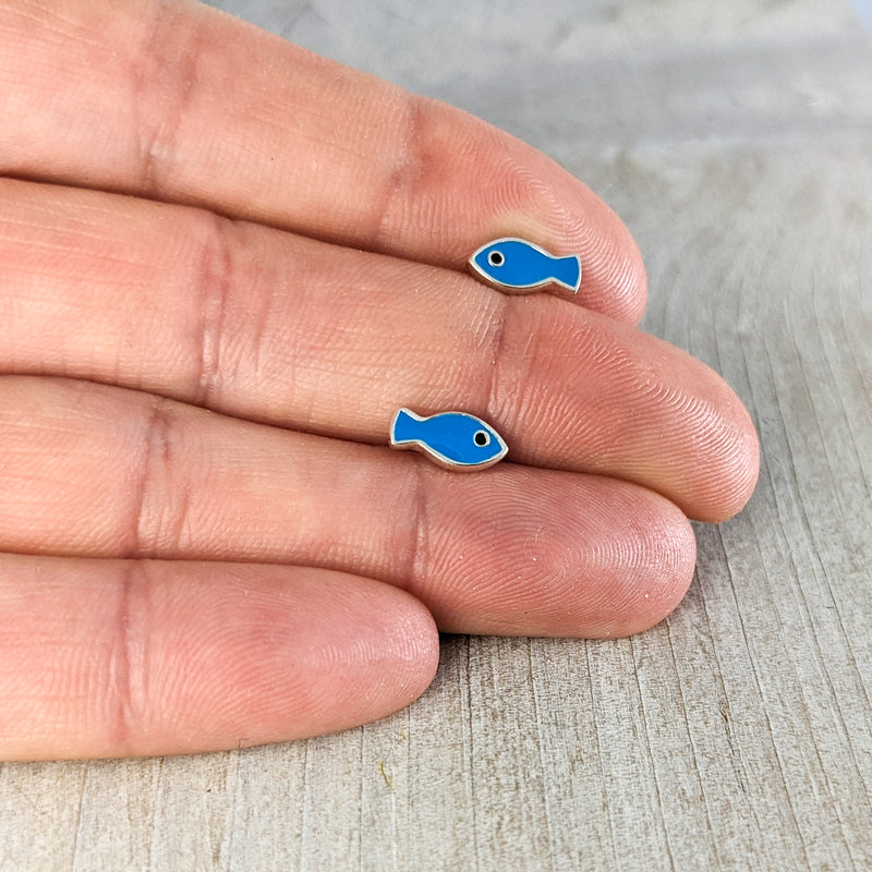 Load image into Gallery viewer, Blue Fish Stud Earrings in Sterling Silver
