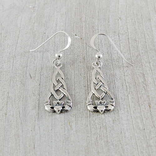 Long Celtic Knot with Claddagh Earrings in Sterling Silver