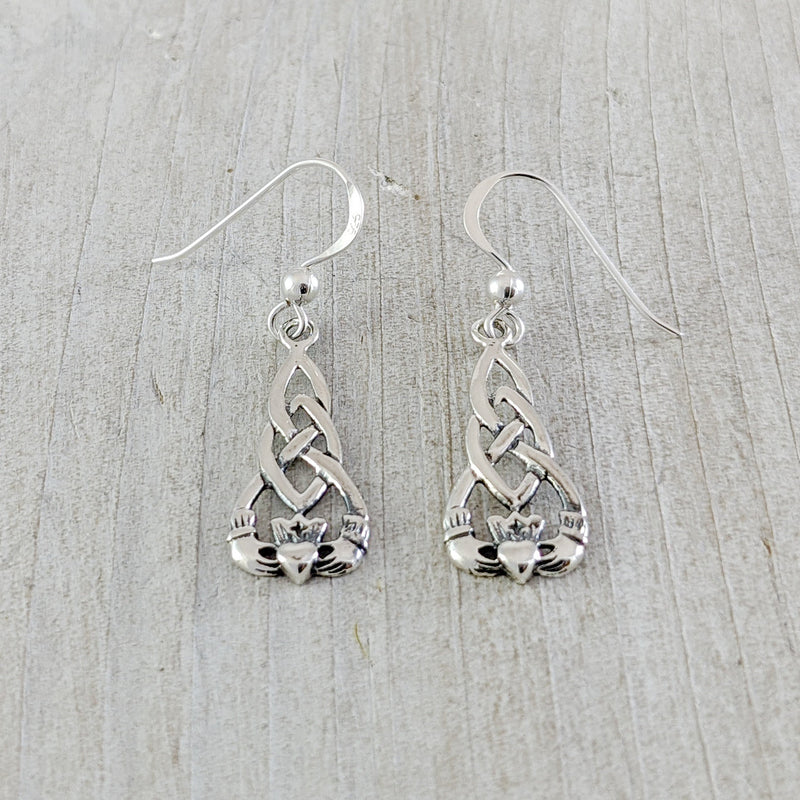 Load image into Gallery viewer, Long Celtic Knot with Claddagh Earrings, Sterling Silver
