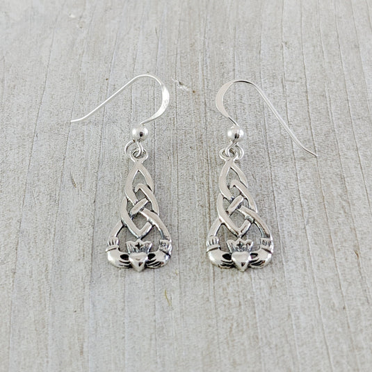 Long Celtic Knot with Claddagh Earrings, Sterling Silver