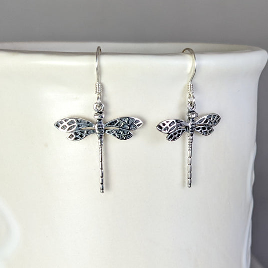 Dragonfly Earrings, Antique Look (Medium) in Sterling Silver