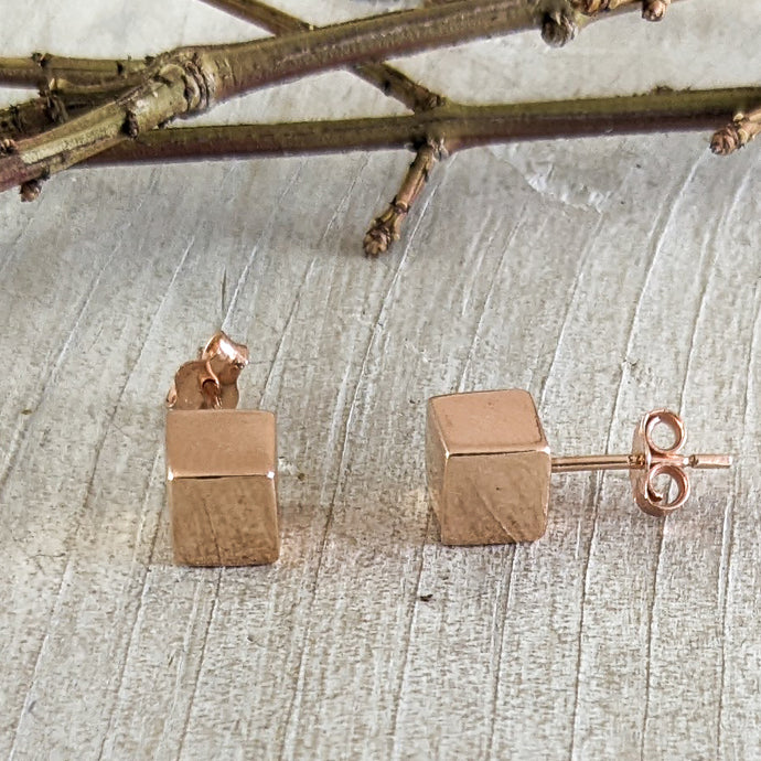 Cube Stud Earrings in Rose Gold Plated Sterling Silver