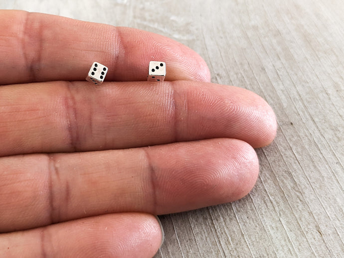 Tiny Dice Stud Earrings, Sterling Silver