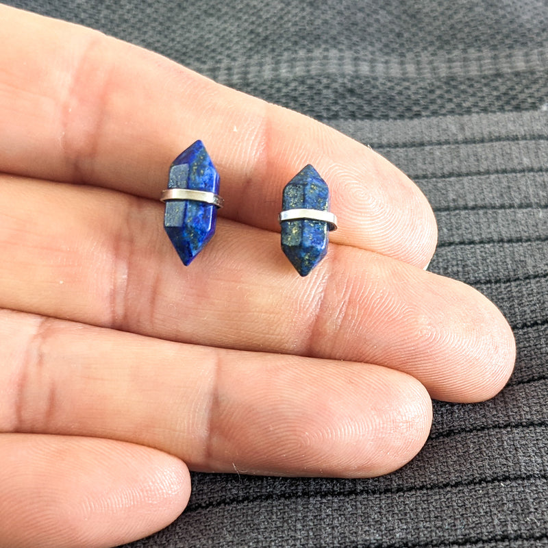 Load image into Gallery viewer, Banded Lapis Chunk Stud Earrings (medium), Sterling Silver
