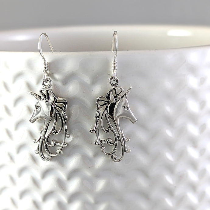 Unicorn with Flowing Mane Earrings in Sterling Silver