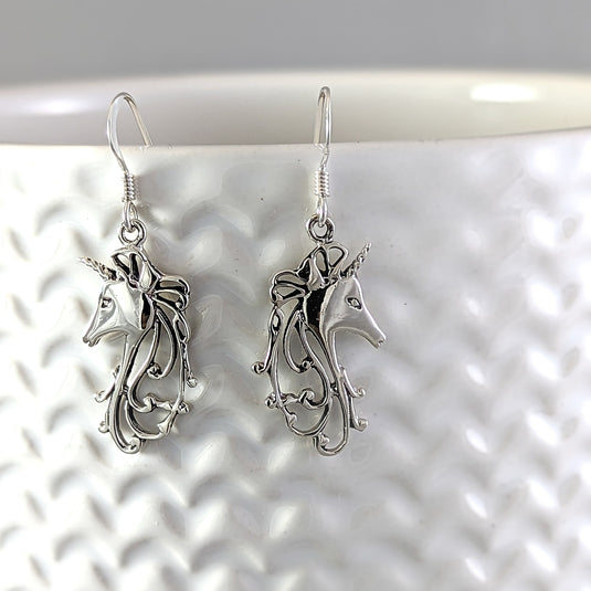 Unicorn with Flowing Mane Earrings in Sterling Silver
