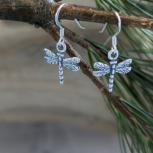 Sweet Dragonfly Hanging Earrings in Sterling Silver