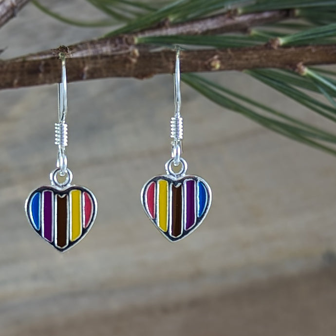 Rainbow Stripe Heart Earrings in Sterling Silver