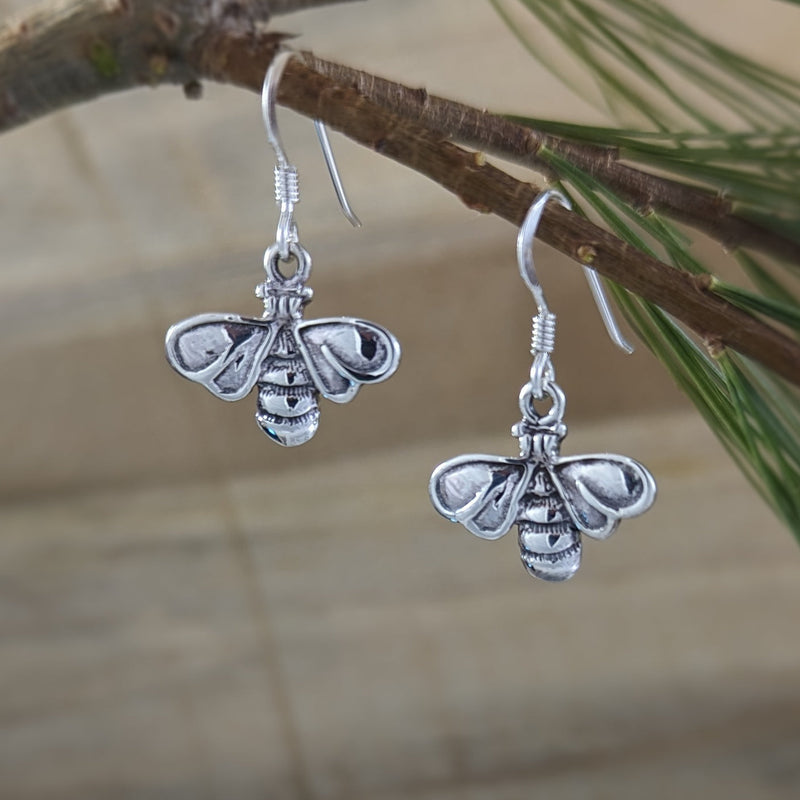 Load image into Gallery viewer, Honey Bee Hanging Earrings in Sterling Silver

