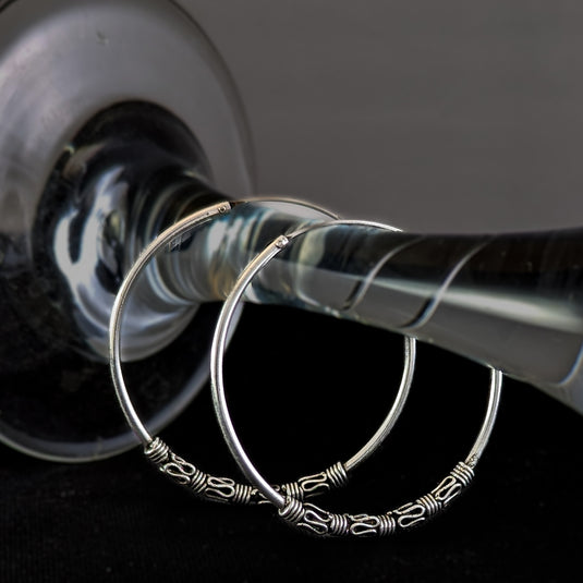 Large Hoop Earrings with Bead and Wire Wrap in Sterling Silver