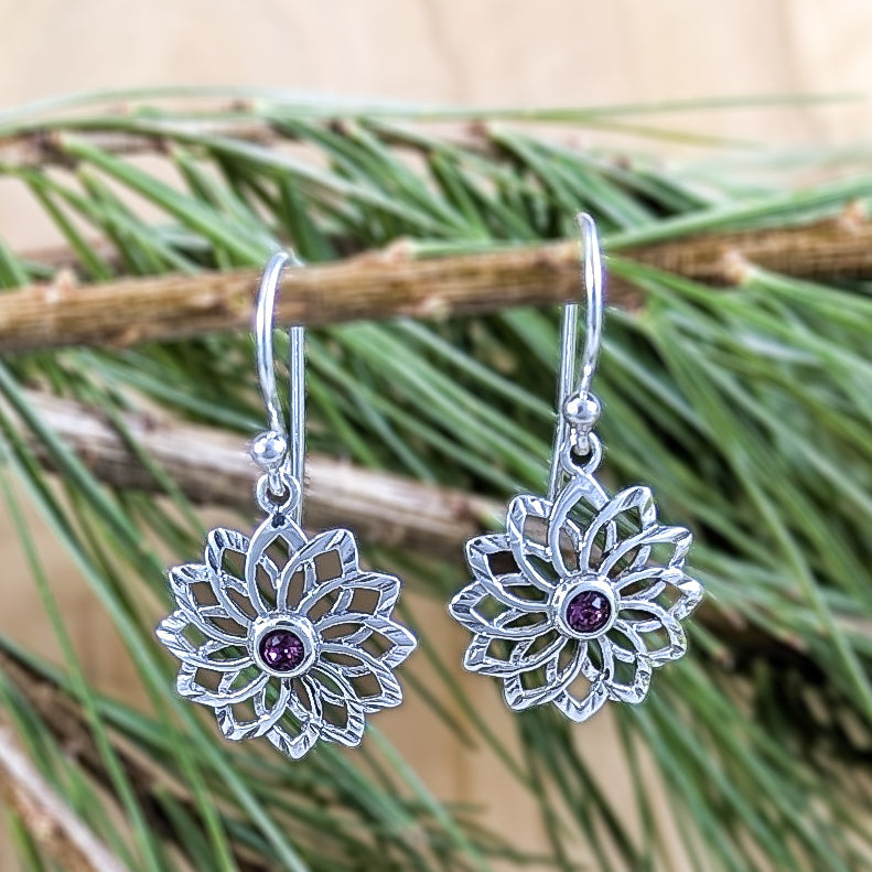 Load image into Gallery viewer, Pinwheel Flower with Amethyst Centre Earrings in Sterling Silver
