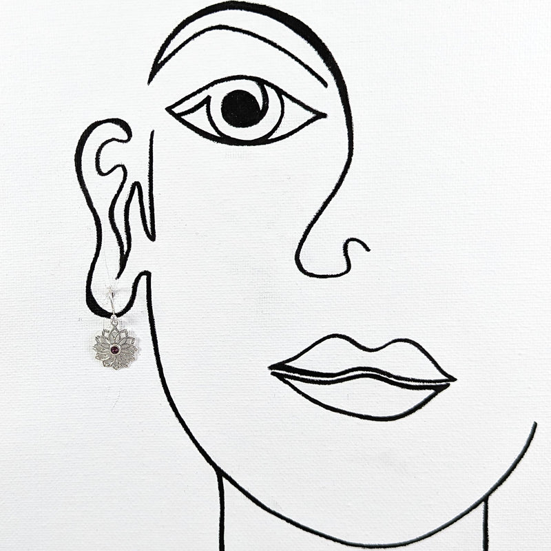Load image into Gallery viewer, Pinwheel Flower with Amethyst Centre Earrings in Sterling Silver
