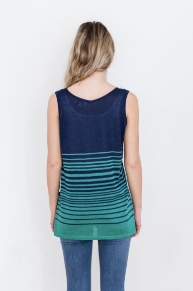 Stripy Sleeveless V-neck Tunic Top in Navy/Emerald (S-XL)