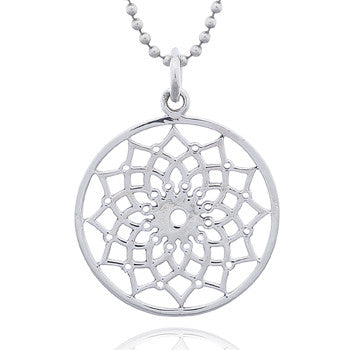 Lotus Flower in Circle Pendant, Sterling Silver