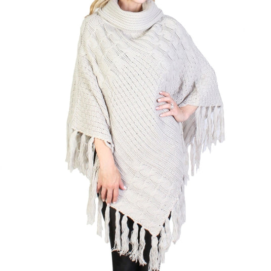 Cable Knit Poncho in Light Grey